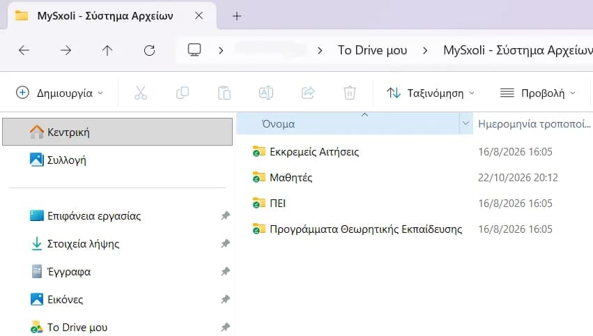 Ο φάκελος του MySxoli στο Google Drive της σχολής, με υποφακέλους για μαθητές, ΠΕΙ, προγράμματα θεωρίας και εκκρεμείς αιτήσεις